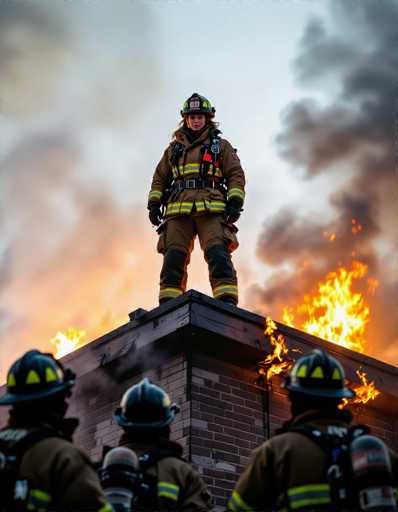 A female firefighter stands heroically atop a burning building, silhouetted against fiery flames and smoke. Below, rescuers watch with determination. The dramatic vertical composition, cinematic long exposure, and epic scale create a powerful image of courage and resilience.