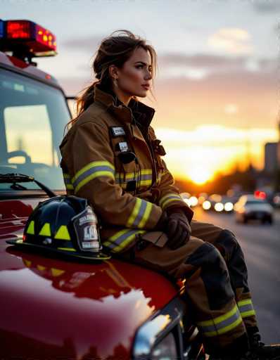 A female firefighter in full gear sits on a fire truck hood, legs crossed, with her helmet resting beside her. The sunset creates dramatic rim lighting, highlighting her silhouette against a blurred city backdrop of traffic. This cinematic portrait emphasizes strength and readiness.