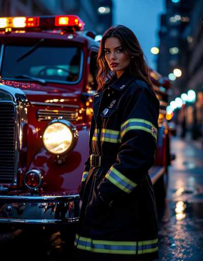 A confident female firefighter in a sleek black turnout coat stands beside a vintage red fire engine during the blue hour. Reflective silver stripes gleam in the wet rain, highlighted by dramatic side lighting and blurred bokeh city lights. The image evokes a cinematic, high-fashion editorial style.