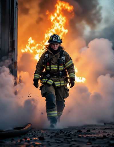 A determined female firefighter, silhouetted against intense orange flames and thick smoke, strides forward in full gear. Dust particles dance in the air, creating a dramatic scene captured with high contrast and cinematic lighting. The firefighter is the central subject, positioned in the foreground against a fiery backdrop.