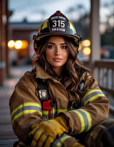 A captivating portrait of a firefighter woman in her uniform, helmet, and gloves, relaxing on a porch. The warm evening light from the fire station spills onto her face, creating an intimate atmosphere. Shallow depth of field emphasizes her serene expression and slightly disheveled uniform. 

**Main Subjects:** Firefighter woman, helmet, gloves, fire station porch, warm light.
**Spatial Relationship:** Woman is the central focus, positioned in the foreground with a blurred fire station background.
**Art Style:** Intimate portrait photography, warm and slightly moody lighting.