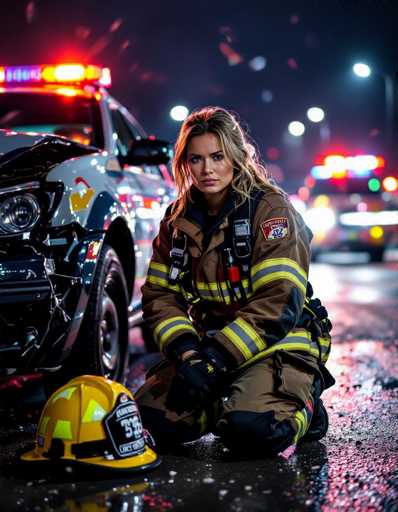 A determined female firefighter kneels beside a damaged vehicle at night, illuminated by flashing emergency lights. Her helmet rests nearby, emphasizing her readiness. The sharp focus on her face contrasts with the motion blur of the background lights and a blurred vehicle, creating an intense emotional portrait.