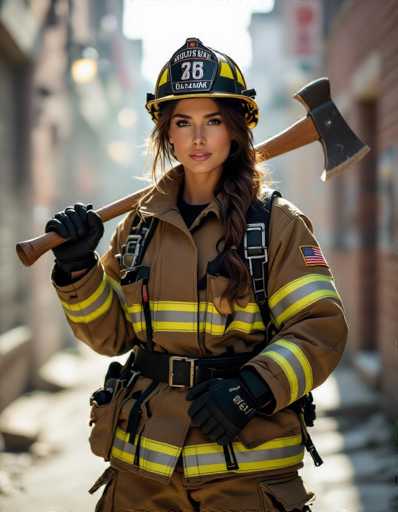 A striking female firefighter in full gear, including a helmet with "Millersburg 26" and an American flag patch, confidently holds an axe over her shoulder in a sun-drenched urban alley. Cinematic lighting and shallow depth of field highlight the hyper-realistic textures, creating a powerful and dramatic image.
