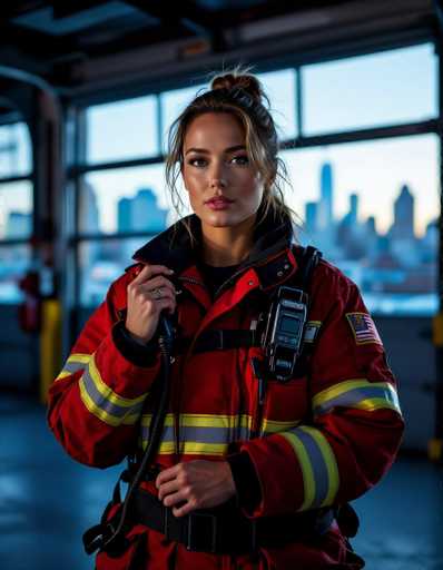 A seductive firefighter in a red uniform adjusts radio equipment inside a fire station garage. Large windows reveal a city skyline, contrasting with cool blue tones and dramatic side lighting. The image features detailed mechanical textures in 8k resolution, creating a powerful and captivating scene.