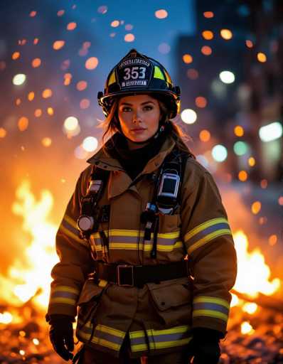 A confident female firefighter, bathed in cinematic volumetric lighting, stands amidst falling embers at night. She wears full turnout gear and a sleek reflective helmet, contrasting against a cool blue city background. The shallow depth of field emphasizes her determined gaze and the warm orange fire glow creates a dramatic, powerful image.