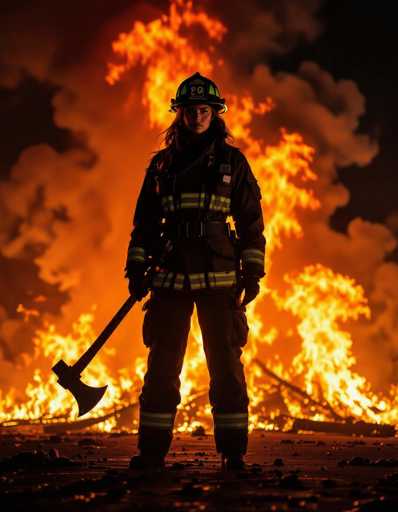 A lone female firefighter stands silhouetted against a massive, fiery inferno. The dramatic backlighting creates a stark contrast, emphasizing her strong form and the powerful axe she holds. Minimalist composition highlights shape and form within the intense orange flames, conveying resilience against overwhelming danger.
