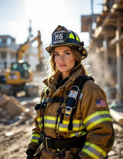 A female firefighter in reflective gear stands confidently amidst a construction site, bathed in bright studio lighting mimicking harsh daylight. Dust particles catch the sun's glare, creating a high-key fashion portrait emphasizing her determined gaze and the stark contrast between her gear and the blurred background.