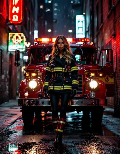 A striking woman firefighter, sharply dressed in a stylish uniform, poses confidently against a vintage fire engine in a rain-soaked urban alley. Neon signs reflect on the wet pavement, creating a dramatic, high-fashion editorial portrait with intense rim lighting and a direct gaze.