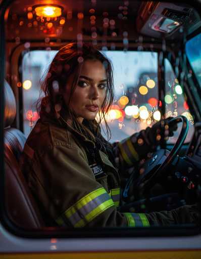 A captivating firefighter in a leather-lined ambulance cab gazes intensely at the viewer. Dusk city lights blur through rain streaks on the window, creating a cinematic close-up with emotional depth. The 85mm lens emphasizes her presence and the intimate setting.