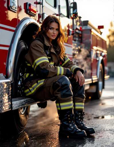 A captivating female firefighter sits beside a gleaming fire truck, bathed in golden hour light. Wet chrome reflects her polished boots and the rising steam from the engine's exhaust, creating a photorealistic portrait with ultra-detailed textures.