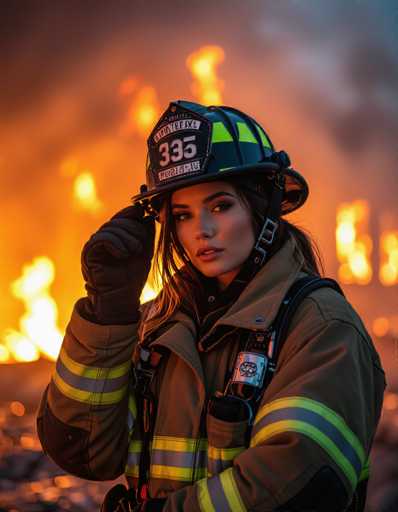 A captivating firefighter adjusts her helmet amidst a fiery night scene, the intense orange glow highlighting her face and gear. Dramatic shadows and detailed smoke create a cinematic atmosphere of emotional intensity, emphasizing the contrast between her strength and the danger.
