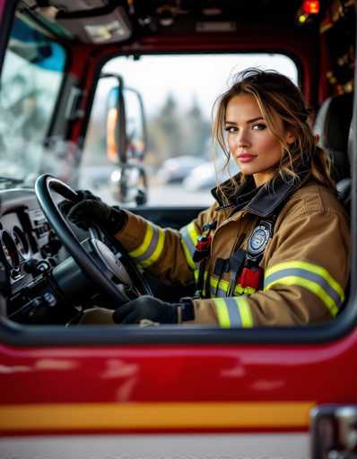 A beautiful female firefighter sits in the driver's seat of a fire truck, engine running and steam rising around her face. The dashboard glows, and interior details are visible through the windshield. Cinematic photography with photorealistic detail captures a powerful moment of readiness and strength.