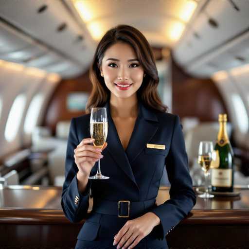 A captivating, photorealistic image showcases a smiling East Asian flight attendant in a stylish navy uniform with a cinched waist, standing near a jet's champagne bar. She holds a glass of bubbly, her playful expression drawing the viewer in. The shallow focus highlights her and the bar, creating a sophisticated, vibrant scene with warm color grading.