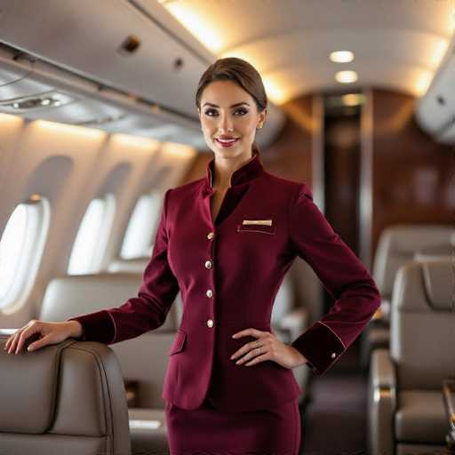 A stunning flight attendant in a rich burgundy, tailored uniform with velvet trim stands elegantly in a private jet lounge. Her hand rests on a plush armrest, bathed in soft ambient lighting. The high-definition image showcases her poised demeanor and the luxurious interior of the aircraft, creating a sense of sophisticated realism.