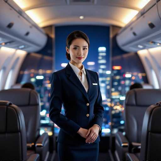 A poised East Asian flight attendant in a sharp navy uniform stands centrally in the jet's cabin, her polished attire catching the soft lighting. The luxurious interior is contrasted by a breathtaking panoramic view of a vibrant, glittering city skyline at night, creating a cinematic depth and rich detail.
