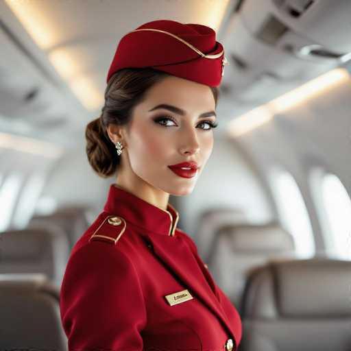A stunning, ultra-realistic portrait captures a flight attendant in a vibrant crimson uniform with gold accents. She's positioned near the aircraft's rear lounge, her pose subtly seductive and her gaze direct. A single diamond earring catches the light, emphasizing her elegant presence within the shallow focus, highlighting a sophisticated and polished aesthetic.