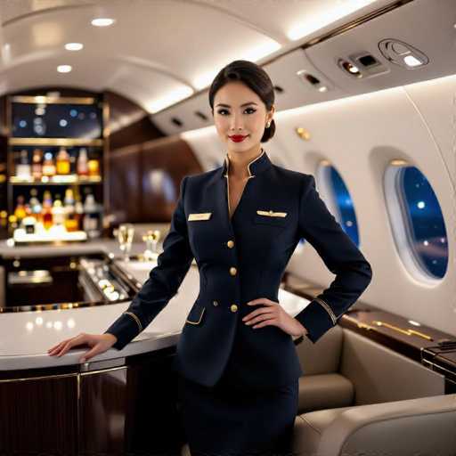 A glamorous East Asian flight attendant in a bespoke navy uniform leans against a sleek champagne bar within the private jet's galley. The image showcases a relaxed yet seductive posture, with the background revealing a starry night sky visible through panoramic windows. The ultra-detailed, realistic photography emphasizes the sophisticated ambiance and elegant setting.