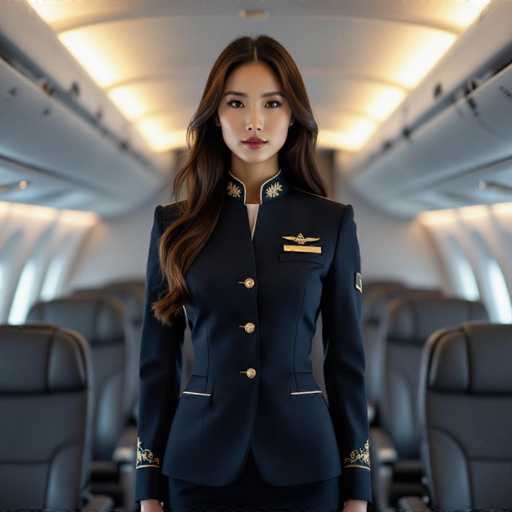 A captivating East Asian flight attendant in a custom-designed, subtly embroidered uniform stands confidently in the spacious jet cabin. Her long, flowing hair and intense gaze command attention, while soft ambient lighting creates a magnetic atmosphere in this ultra-realistic photograph. The focus is on her poised presence within the aircraft's interior.