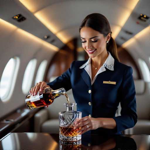 A confident flight attendant in a navy blue uniform gracefully pours amber liquor from a vintage bottle into a crystal decanter on a polished table within a private jet. The scene is bathed in soft ambient light, highlighting the luxurious interior with panoramic windows and a focus on elegant detail.