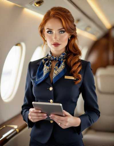 A captivating flight attendant in a luxurious private jet, with fiery red hair and intense blue eyes, commands attention. She holds a tablet while confidently gazing at the viewer, her elegant uniform and polished surroundings bathed in soft golden light. The image showcases a cinematic aesthetic with shallow depth of field, emphasizing her poised presence.