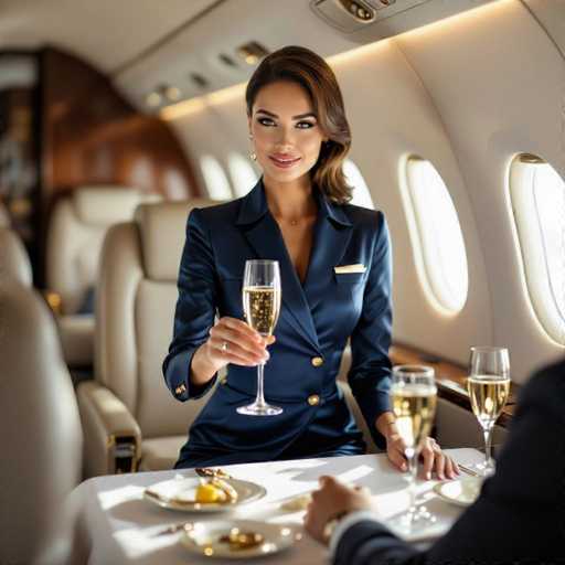 A sophisticated flight attendant in a deep blue satin uniform gracefully serves champagne to a first-class passenger on a luxurious private jet. The scene is bathed in soft, golden light streaming through tinted windows, highlighting the elegant crystal glasses and plush leather seats. The shallow depth of field focuses on the intimate interaction, creating a cinematic, high-resolution image with a realistic photography style.