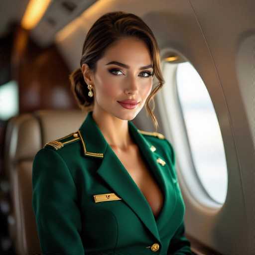 A stunning flight attendant in a tailored emerald green uniform with gold trim commands attention. She's elegantly positioned near the jet's cockpit window, her captivating gaze directed at the viewer. Warm lighting enhances her figure in this cinematic, shallow-depth-of-field portrait.