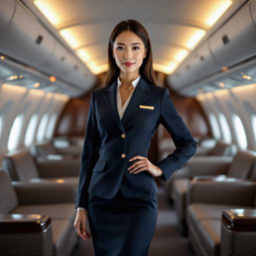 A stunning East Asian flight attendant in a modern, elegant navy uniform confidently poses within a luxurious airplane's private lounge. The image is photorealistic, showcasing rich textures and soft ambient lighting on plush sofas, emphasizing a sophisticated and serene atmosphere.