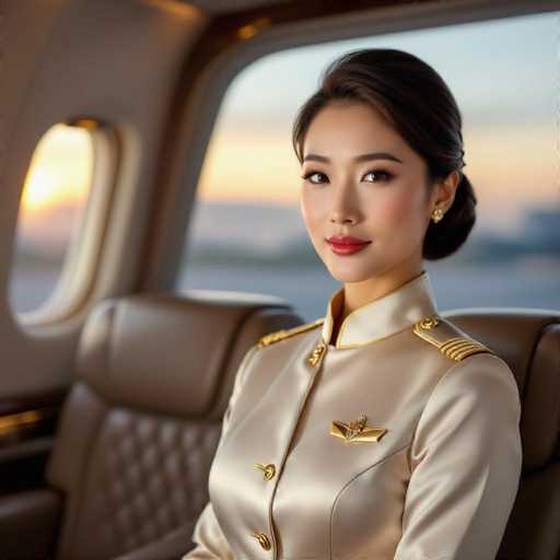 A stunning East Asian flight attendant in a tailored, gold-accented satin uniform gracefully poses near plush leather airplane seats. Her elegant updo and subtle makeup complement the polished look, while a blurred view of a tropical sunset outside the window creates a serene, ultra-realistic ambiance.