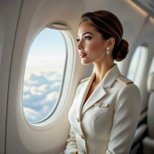 A stunning flight attendant in a tailored ivory uniform with sparkling crystal details stands by a panoramic airplane window, gazing at the fluffy clouds. The soft, diffused light highlights her elegant features in this ultra-realistic image with a shallow depth of field, emphasizing the serene and sophisticated atmosphere.