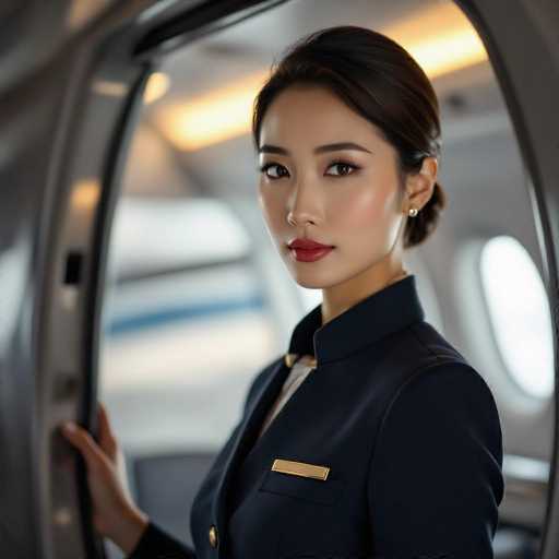 A captivating, ultra-realistic portrait of a poised East Asian flight attendant in a tailored navy uniform stands near the aircraft's rear exit. Soft, ambient lighting emphasizes her intense gaze and the elegant contours of her face and uniform, creating a cinematic, magnetic atmosphere. The spatial relationship places her as the focal point within the aircraft's interior.