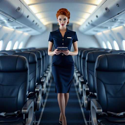 A poised flight attendant in a navy uniform, with fiery red hair and piercing blue eyes, stands confidently in the aisle of a modern airplane. The cinematic style, reminiscent of Anton Corbijn, uses cool lighting and deep shadows to highlight her commanding presence. The shallow depth of field emphasizes her as the focal point, while the sleek airplane cabin creates a sense of sophisticated travel.