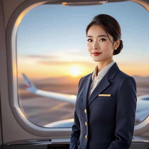 A poised, beautiful East Asian flight attendant in a tailored navy uniform stands near the cockpit window of a plane. The photorealistic image showcases a warm desert sunrise with a blurred airplane in the background, emphasizing a sense of calm and professionalism. The art style is rich with texture and natural color tones.