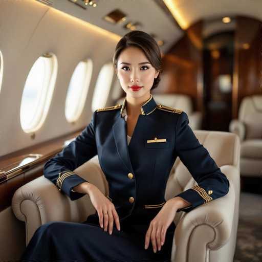 A glamorous East Asian flight attendant in a sophisticated navy uniform with gold accents gracefully sits on a plush, cream-colored chaise lounge within a private jet. Soft golden hour light streams through the oval windows, highlighting her direct gaze and photorealistic detail. The spatial relationship emphasizes a sense of elegance and calm within the luxurious cabin.