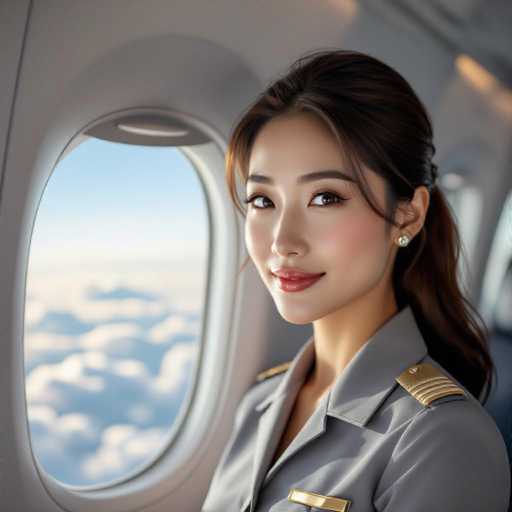 A captivating, ultra-realistic portrait of a beautiful East Asian flight attendant in a subtly shimmering gray uniform graces the frame. She gazes softly towards the viewer from within an airplane's window, a gentle smile gracing her lips. The view outside showcases fluffy clouds drifting beneath a bright sky, bathed in soft, diffused light that enhances her glowing complexion. The spatial relationship places the attendant as the central focus within the window's frame, creating an intimate and serene atmosphere.