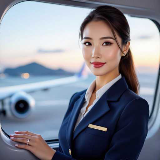 An alluring East Asian flight attendant in a crisp navy uniform poses near the jet's rear exit door, her glowing skin and polished nails catching the light. The ultra-realistic photograph features a breathtaking coastal view at dusk, with shallow focus emphasizing the woman and creating a serene, professional ambiance.