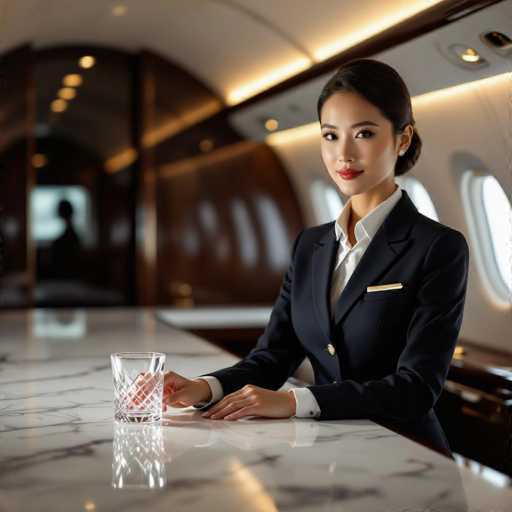 A poised East Asian flight attendant in a sharp navy uniform stands beside a luxurious marble bar within a private jet. The image is photorealistic, with soft ambient lighting creating a halo effect around her figure and highlighting the crystal glass in her hand. The spatial relationship emphasizes elegance and a sense of refined service within a cinematic composition.