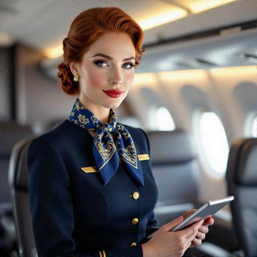 A poised flight attendant with vibrant red hair and piercing blue eyes commands attention in a modern airplane cabin. Dressed in a tailored navy uniform with gold accents and a patterned scarf, she holds a silver tablet. The image, rendered in Roger Deakins' cinematic style, features soft lighting and atmospheric depth, emphasizing her confident presence within the sleek space.