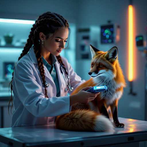 In a softly lit, neon-infused veterinary suite, a beautiful vet with braided hair gently examines a fox using a digital scanner. The scene is rendered in a cinematic, photorealistic style, emphasizing the intimate interaction between the healthcare professional and the animal.