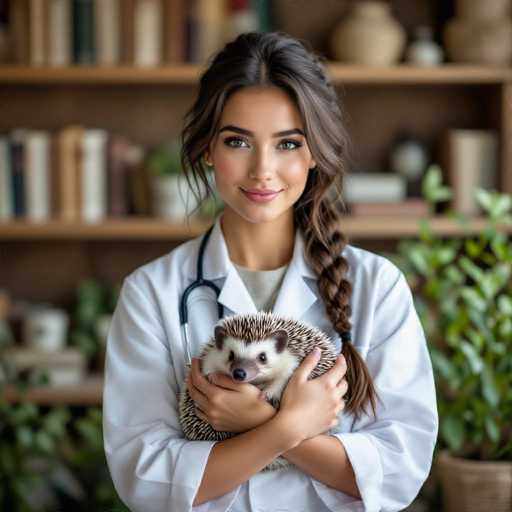 A serene veterinarian with a braided hairstyle gently cradles a small hedgehog, her expression soft and inviting. The scene is set in a cozy, softly lit space with bookshelves filled with books and potted plants, creating a warm, professional atmosphere. The shallow depth of field draws focus to the gentle interaction between the vet and her patient, highlighting a calm and caring environment.
