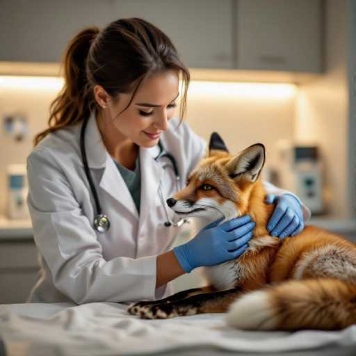 A compassionate veterinarian in a white coat gently examines a wounded fox in a softly lit, modern clinic. The image features a warm, cinematic depth of field, highlighting the tender interaction between the vet and the animal. The hyperrealistic photography style emphasizes a serene, almost intimate moment of care.
