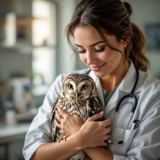 A compassionate female veterinarian in a modern clinic gently cradles an injured owl, her eyes filled with care. The photorealistic image showcases a soft, warm light casting gentle shadows, emphasizing the tender connection between the vet and the vulnerable creature. The focus is on the delicate interaction, highlighting a moment of gentle healing.