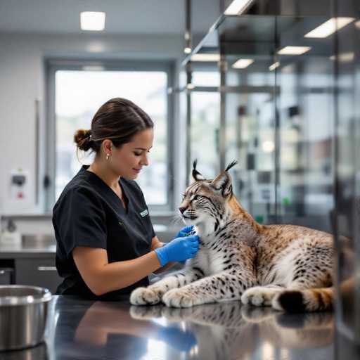 A veterinarian in a black scrub top gently stitches a wounded lynx on a sleek, reflective surface. The shallow depth-of-field highlights the vet and lynx, with a soft bokeh creating a calm atmosphere. The image showcases a modern veterinary setting with cool chrome and glass, emphasizing the delicate interaction between human and animal care.