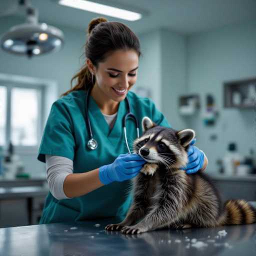 A kind-looking veterinarian in teal scrubs gently brushes fur from a sick raccoon's face in a bright, minimalist clinic. The focus is on the tender interaction between the vet and the animal, highlighting a calm, professional atmosphere with soft lighting. The photorealistic detail emphasizes the gentle care being provided.
