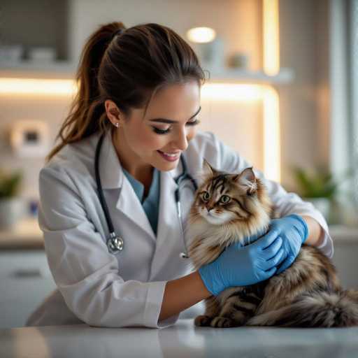 A young veterinarian in a white coat and blue gloves tenderly examines a fluffy, long-haired cat with soft, warm lighting. The scene is set in a sleek, modern clinic with shallow depth of field, focusing on the gentle interaction between the vet and the animal. The overall style is cinematic realism, emphasizing a calm and caring atmosphere.