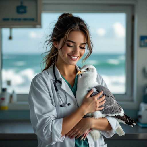 A young, attractive veterinarian in a white coat gently cradles a white seagull with a broken wing in a cozy seaside clinic. The ocean waves are visible through the window, bathed in soft morning light. The shallow focus creates a dreamlike realism, emphasizing the tender connection between the vet and the injured bird.
