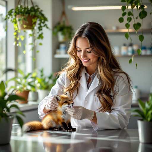 A glamorous vet in a white coat gently attends to a small, orange fox kit in a sunlit, modern clinic. The scene is bathed in soft light, highlighting the vet's flowing hair and the polished steel surfaces. Hanging plants create a serene atmosphere, emphasizing a calm, professional setting. The photorealistic style captures the intimate interaction between human and animal.