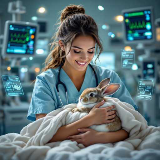 A kind-looking veterinarian in a blue scrub top gently cradles an injured rabbit, wrapped in a soft blanket. The scene is set in a modern veterinary clinic with glowing medical monitors displaying data and floating digital charts, creating an ultra-realistic, heartwarming image of compassionate care.