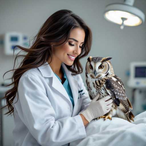 A beautiful veterinarian with flowing dark hair and a white coat gently cradles an injured owl in a high-resolution studio setting. The scene is intimate, with the vet's focused gaze and soft touch highlighting a tender moment of care. Minimalist medical equipment provides a clean backdrop, emphasizing the gentle interaction between human and animal in this professional yet compassionate scene.
