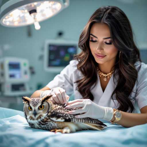 A captivating scene unfolds in a high-tech clinic with a shallow depth of field, focusing on a skilled vet attending to a wounded owl. The woman's flowing dark hair and rose-gold jewelry add an air of mystery and elegance as she performs delicate surgery. The soft studio lighting highlights the intimate spatial relationship between the vet, owl, and medical equipment.