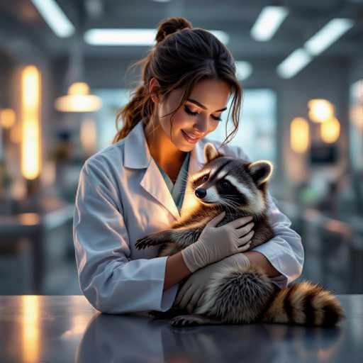 A serene, golden-hour scene unfolds in a modern veterinary clinic. A woman in a white lab coat gently cradles a wounded raccoon, its soft fur illuminated by warm light. The blurred background features bokeh lights, emphasizing the intimate connection between the vet and patient in this photorealistic rendering.